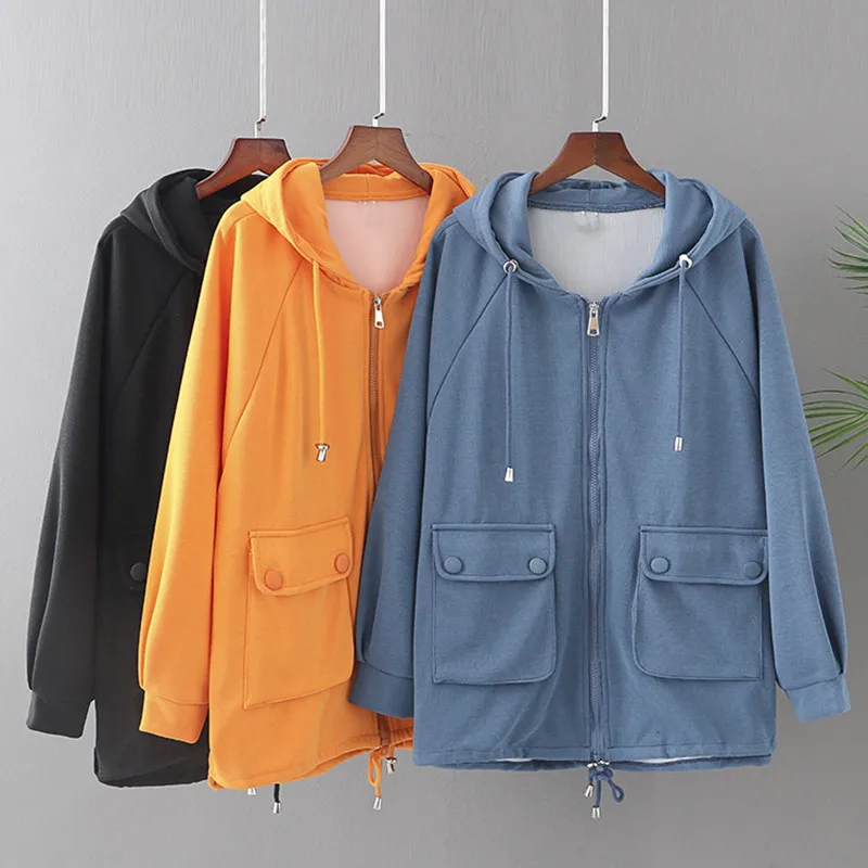 Plus Size Jacket For Women 3XL-5XL Spring And Autumn Wear Long Sleeve Hooded Plain Casual Jacket Large Size Cotton Casual Jacket