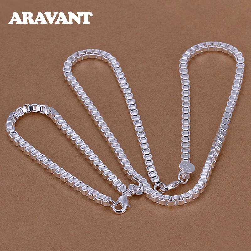 

925 Silver 4mm Square Box Chain Necklace Bracelet Sets For Women Men Fashion Jewelry
