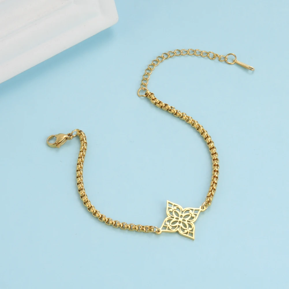 Skyريم خمر المرأة اليد أساور الفولاذ المقاوم للصدأ الذهب اللون هندسية انقطاع تخريمية زهرة صندوق سلسلة أساور بالجملة #4