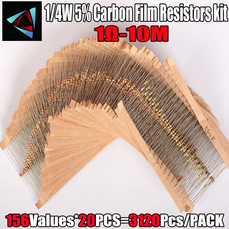 3120 pezzi 156 valori 1 -10M Ohm 1/4W 5% Kit assortimento resistori a film di carbonio Componenti elettronici