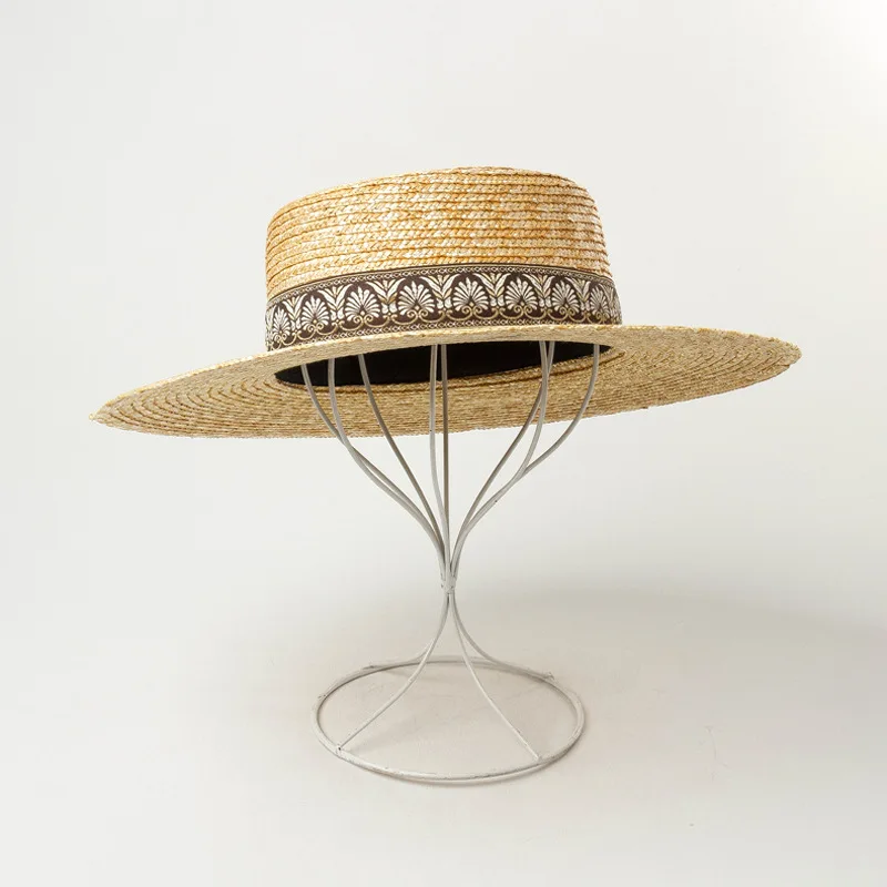 Ethnic Style Ribbon Wide Brim Sun Hat Women Straw Flat Beach Hat Ladies Summer Canotier Vacation Church Kuntucky Derby Hat