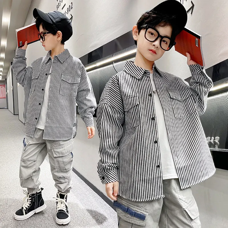 Shirts For Boys Four Seasons New Casual Long Sleeve Vertical Stripe Cotton Blouse Top Kids Outfits Teenage Clothes 5-14Years Old