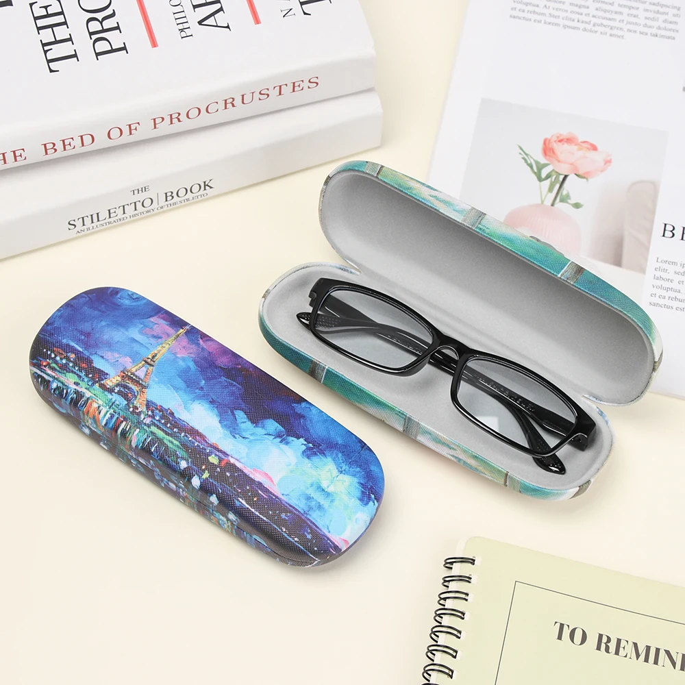 Fashion Oil Painting Art Glasses Case Box Hard Leather Reading Glasses Case Retro Floral Print Eyewear Protector Glasses Holder