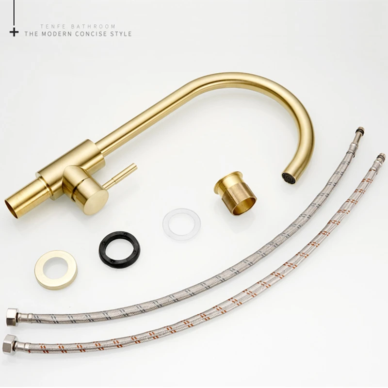 Brushed Gold Stainless Steel Kitchen Sink Faucet 360 Rotate Deck Mount Cold Hot Water Mixer Tap for Kitchen Sink Torneira