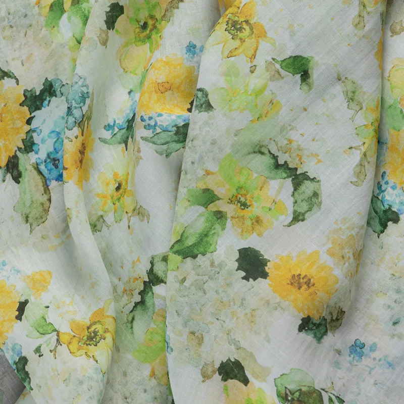 Natural pure ramie fabric Rural printing tissu High grade Gown Dress sewing