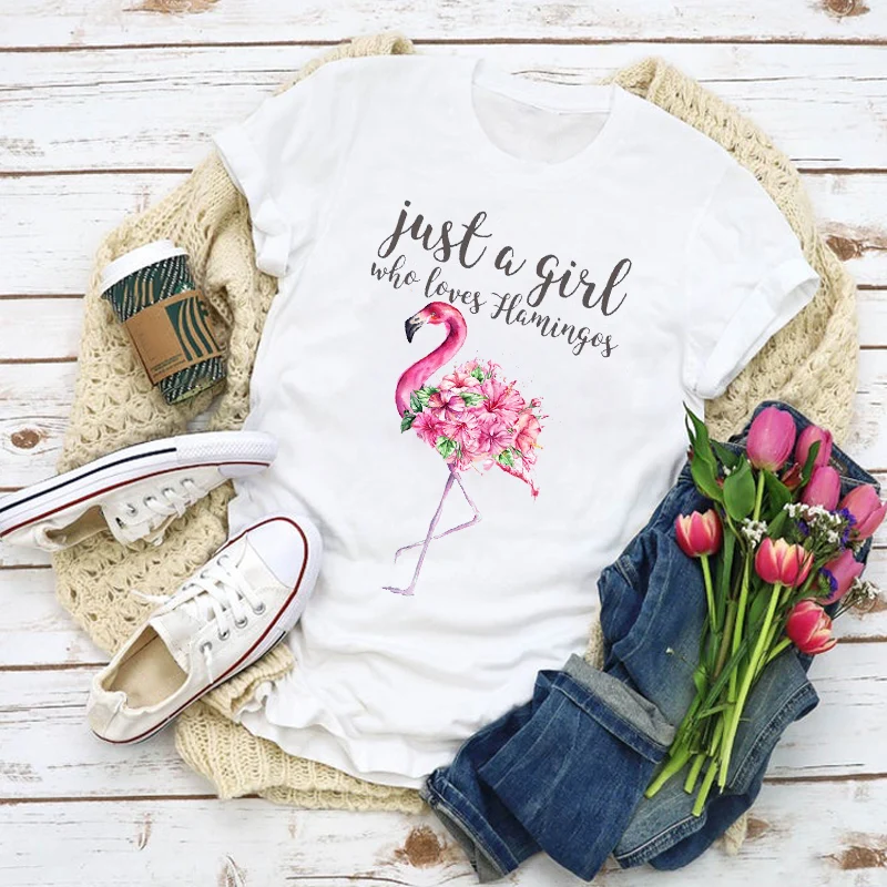 Funny Just A Girl Who Loves Flamingos Print Graphic t shirts women Summer T-Shirt Shirt Top Lady Clothes Clothing Female T Shirt