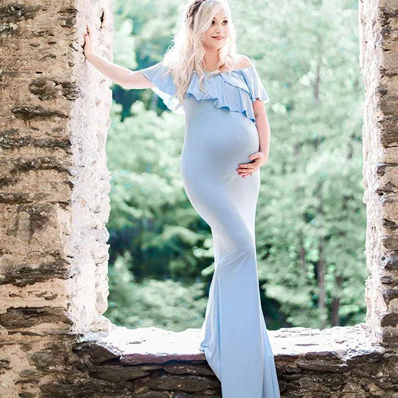 

Mermaid Pregnant Dress Women Long Maxi Off Shoulder Gown Ruffle Maternity Dresses Baby Shower Pregnancy Dress Photo Shoot