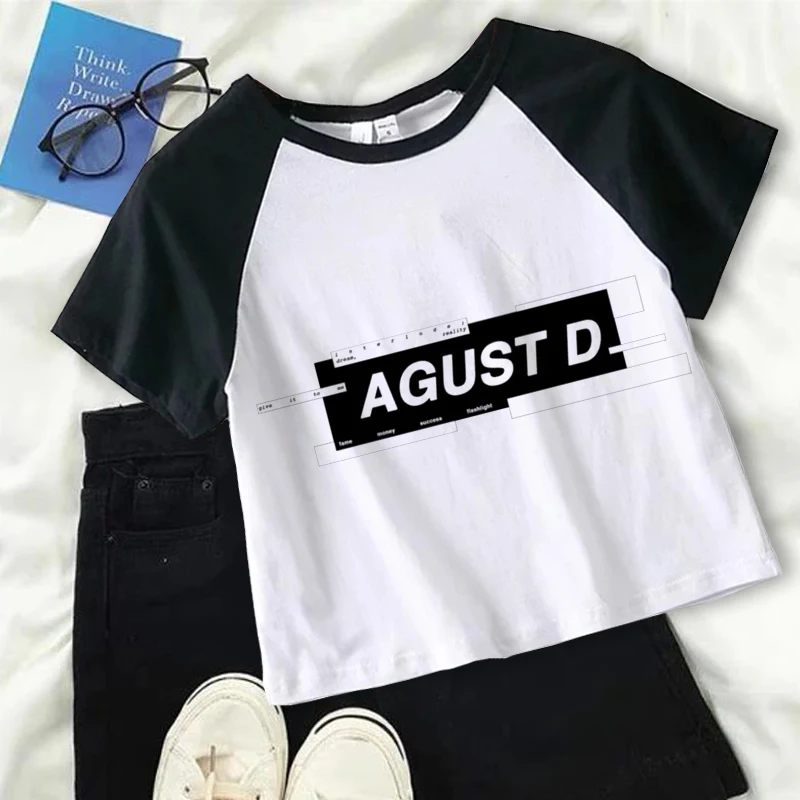 Agust D Black T-shirts Crop Top Y2k Women Female Short Sleeve Tees Summer Clothing Girl Streetwear Harajuku Graphic Tee Tops