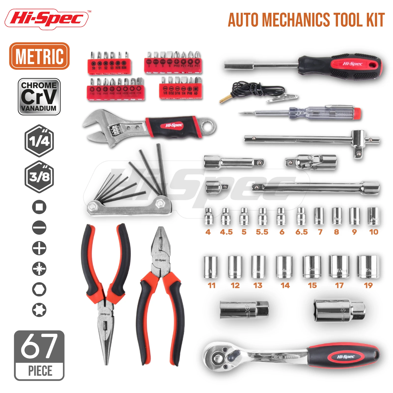 Hi-Spec 67pc Car Repair Tool Kit Set 1/4 3/8 Auto Mechanical Tools Metric DIY Hand Tools Socket Screwdriver Set Plier in Box