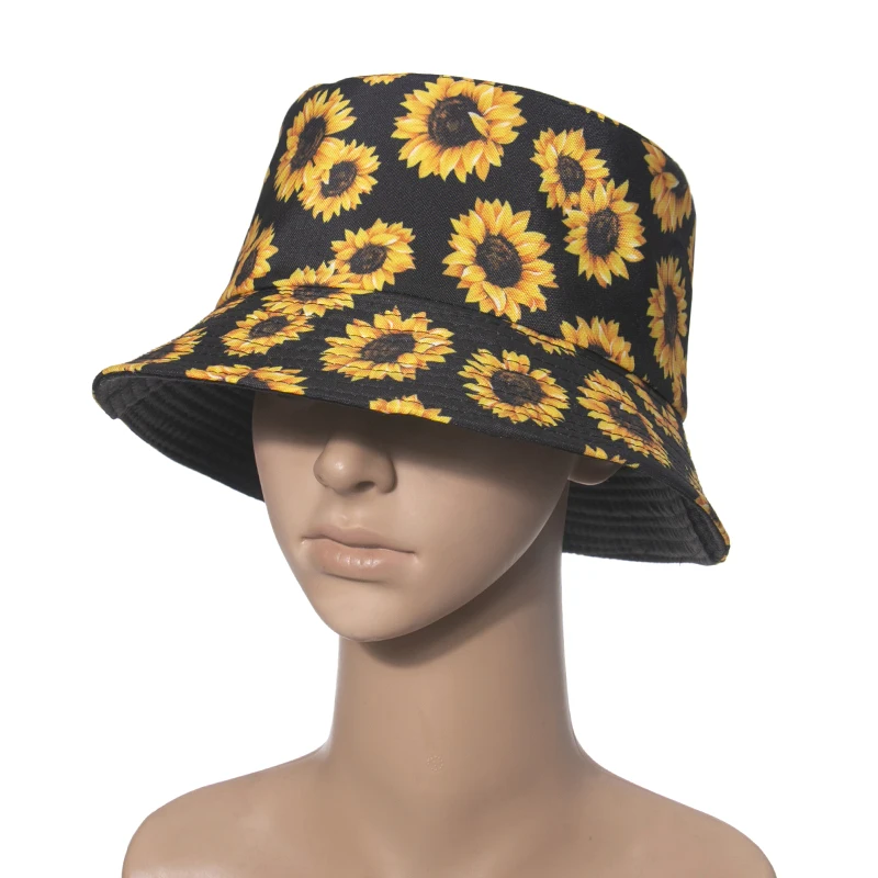 FOXMOTHER New Fashion Spring Summer Black Floral Fisherman Caps Panama Bob Sunflower Print Bucket Hat For Women Mens