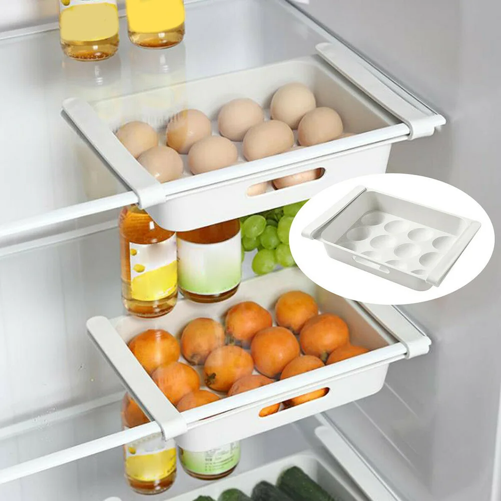 Supporto per scatola di immagazzinaggio del frigorifero estraibile scaffale per cassetti per Organizer per alimenti scaffale per la conservazione corretto accessori per la cucina del negozio di verdure per uova