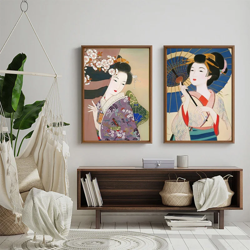 Japanese Geisha Wall Art Poster Vintage Kimono Woman Canvas Print Painting Nordic Decoration Picture for Living Room Home Decor