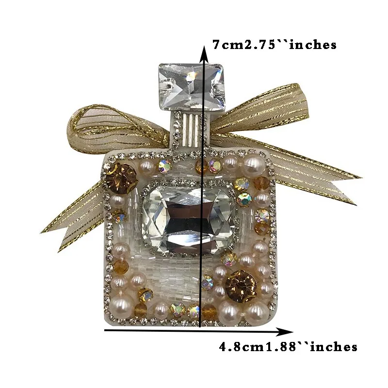 1pc Perfume Bottle With Bow Handmade Beaded Patches for Clothing DIY Sew on Sequin Rhinestone Patch Embroidered Appliques