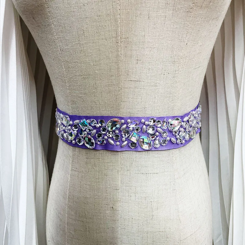 1 Pc Handmade Rhinestone Belt AB Color Beaded Diamond Wedding Dresss Bridal Belt Crystal Ribbon Trimming YB003