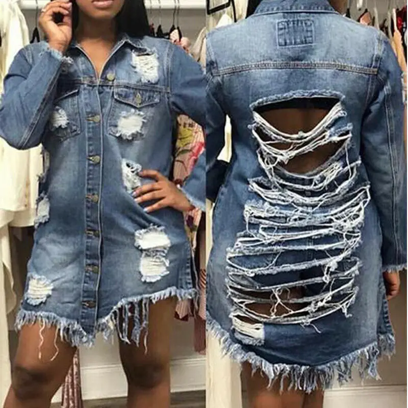 Hot Women\'s Hole Patch Denim Jackets Lady Fashion Long Sleeve Ripped Distressed Denim Long Jacket Coat Outwear Women Clothing