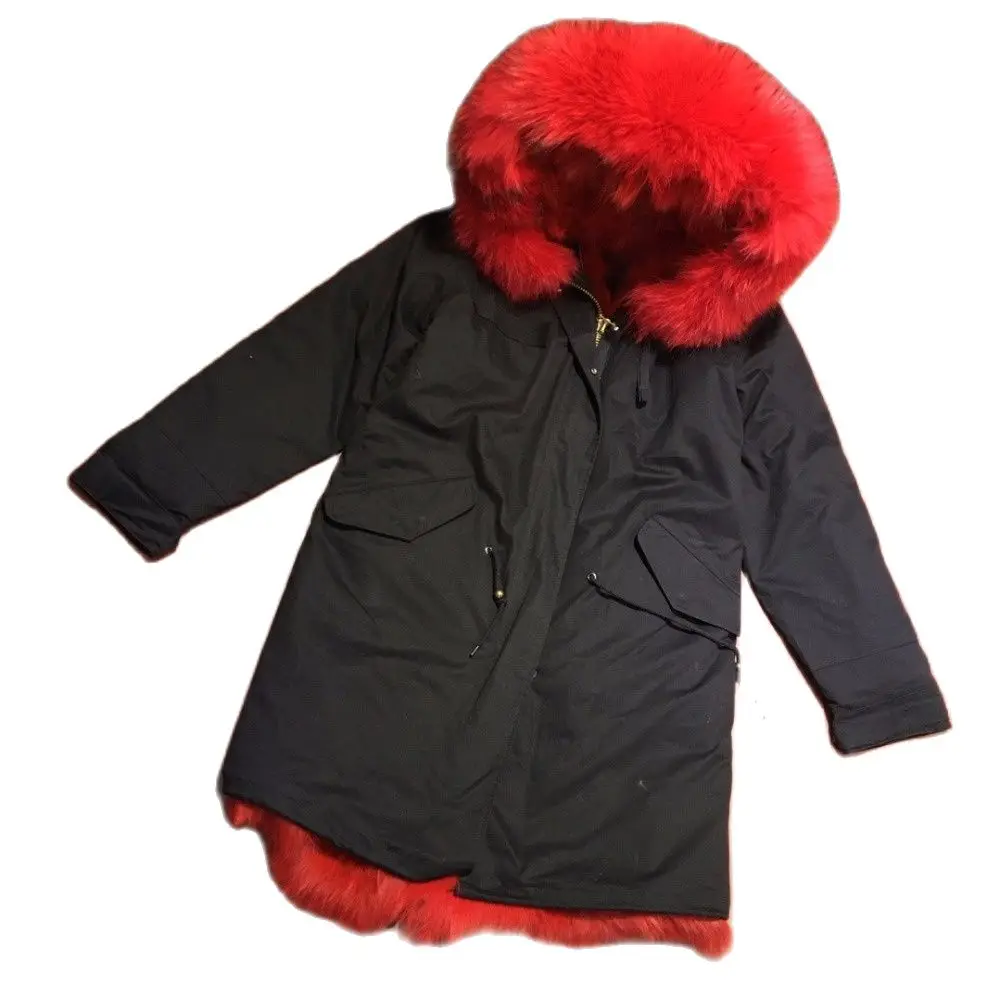 Mhmkro Bright Red Fox Fur Lined Top Quality Winter Real Furs Outwear High Street Red Fox Coat