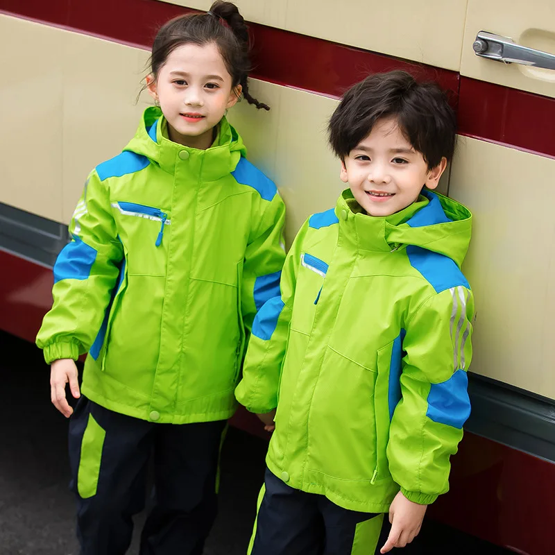 Azul verde britânico uniformes da escola primária três peças conjunto de veludo estudante roupas para meninos meninas jaqueta à prova de vento calças terno