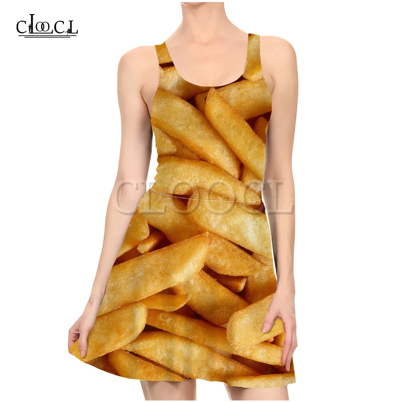 CLOOCL Delicious Fried French Fries 3D Print Summer Dresses Casual Pleated for Women Dress Sleeveless Party Sexy Dress