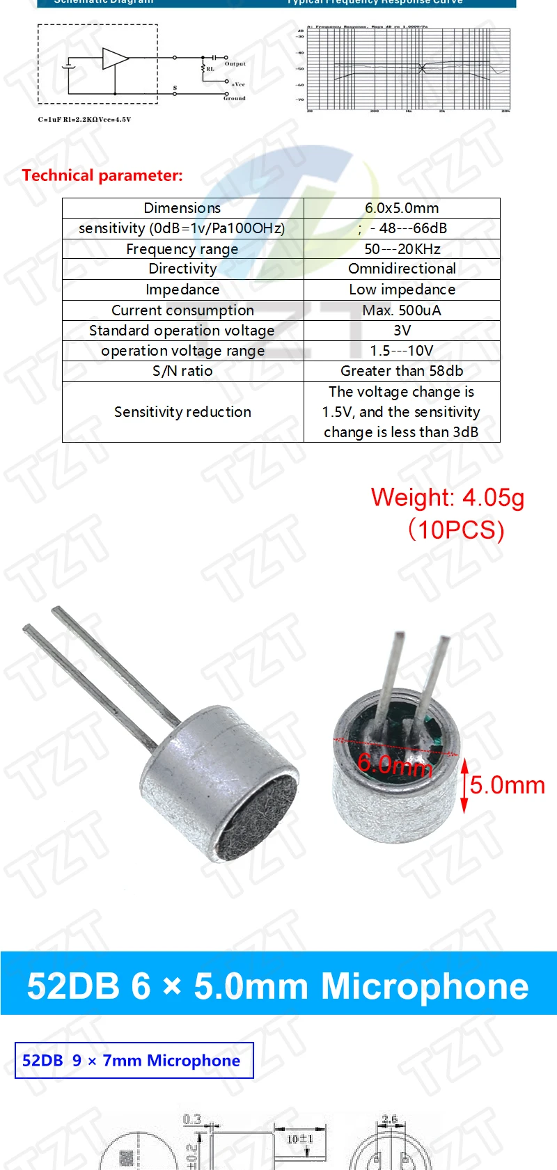 TZT 10 Stück Sortierte Elektret-Mikrofone mit 2-Pin-Anschluss 9x7mm 9767 6x5mm 6050 6x2.2mm 6022 4.5x2.2mm 4522 4x1.5mm 4015 – Detail 2