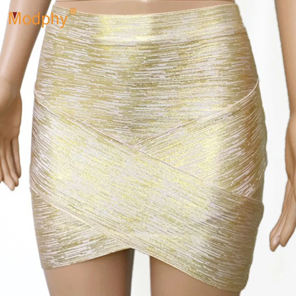 Women Sexy Gold Silver Foil Celebrity Bandage Skirts Rayon Good Stretch Mini Bodycon High Waist Irregular Pencil Skirt Drop Ship