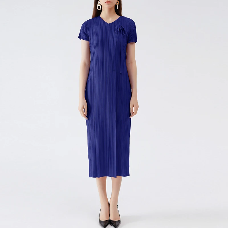 

miyake pleated casual dress 2021 summer solid v-neck elegant high-end mother skirt folda plus size clothing thin basic dress