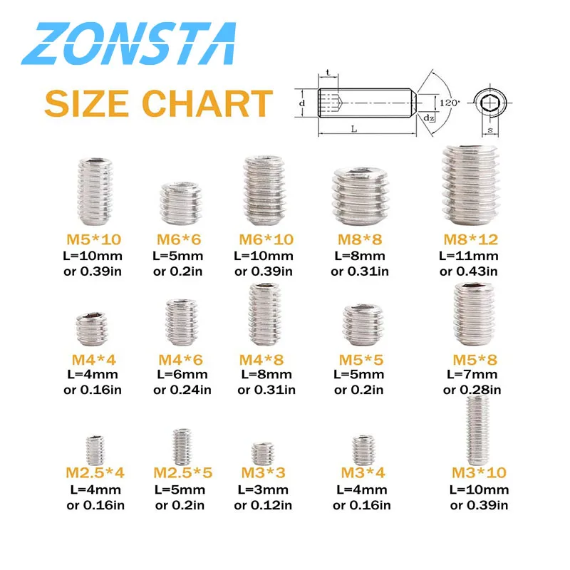 240Pcs Grub Screw Set M3 M4 M5 M6 M8 304 Stainless Steel Allen Head Hex Hexagon Socket Grub Headlessk Bolt Kit for faucet Door