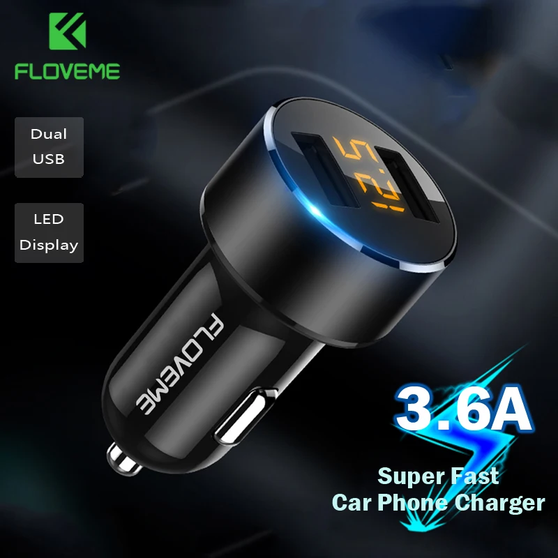 FLOVEME Mini ładowarka samochodowa podwójna ładowarka samochodowa USB dla iPhone 7 8 Plus 3.6A 2.4A z wyświetlaczem LED ładowarka samochodowa USB do telefonu komórkowego