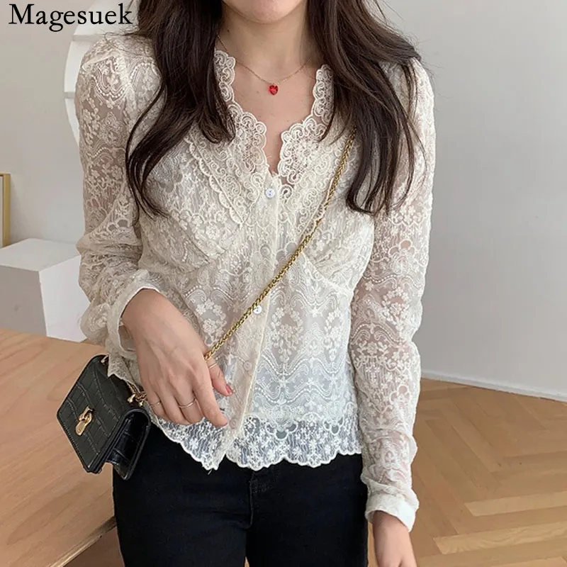 Koreanische Chic Feste Spitze Häkeln Bluse Frauen V-ausschnitt einreiher Floral Hemd Durchsichtig Tops Blusas Mujer De Moda 2021 14683