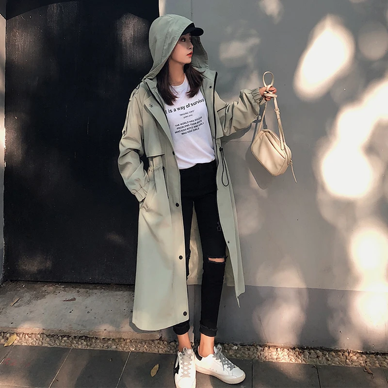 

Fashion Womens Trench Coats Hooded Long Adjustable Waist Spring Autumn Windproof Lady Female Casual Clothes Red White Green