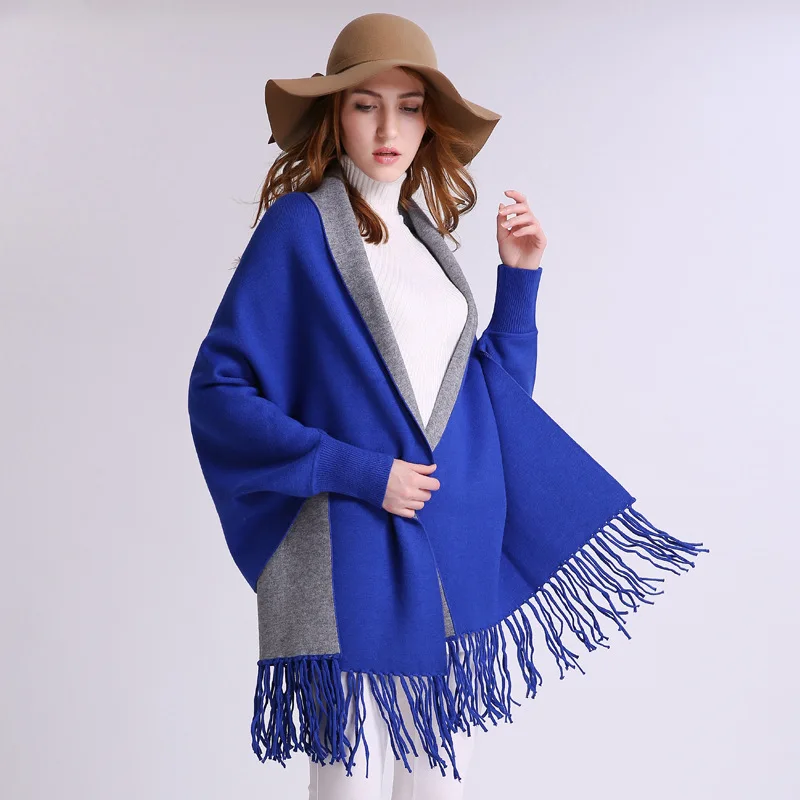 Women\'s Double Sided Color Tassel Knitted Shawl Wrap Plus Size Cardigan Poncho Cape Open Front Long Winter Sweater Coat Mujer