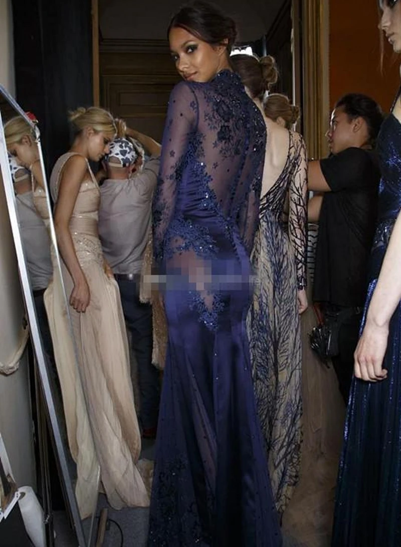 2023 Zuhair Murad High Neck Spitze Formale Abendkleid Lange Hülse Sehen-durch Perlen Appliques Prom Celebrity Kleider Navy blau