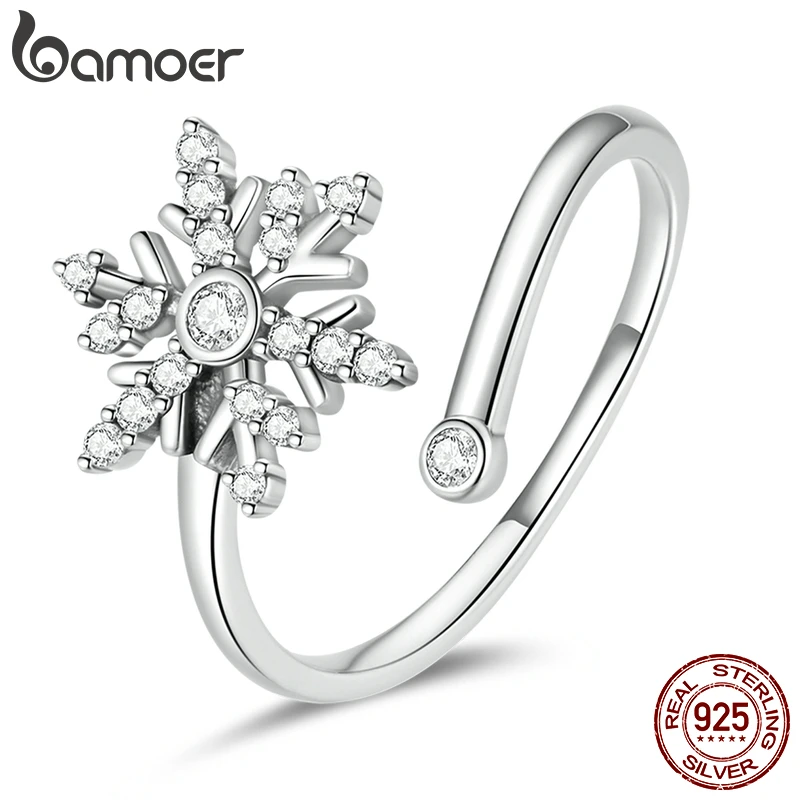 

Bamoer Zircon Snowflake Ring 925 Sterling Silver Unique Snowflake Design Adjustable Rings Women Fine Jewelry