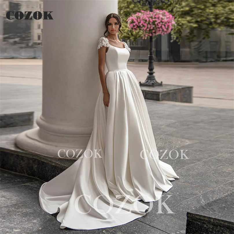 Vestido de baile cetim renda até o chão vestido de casamento formal elegante noiva vestidos de casamento tamanho personalizado cz58i