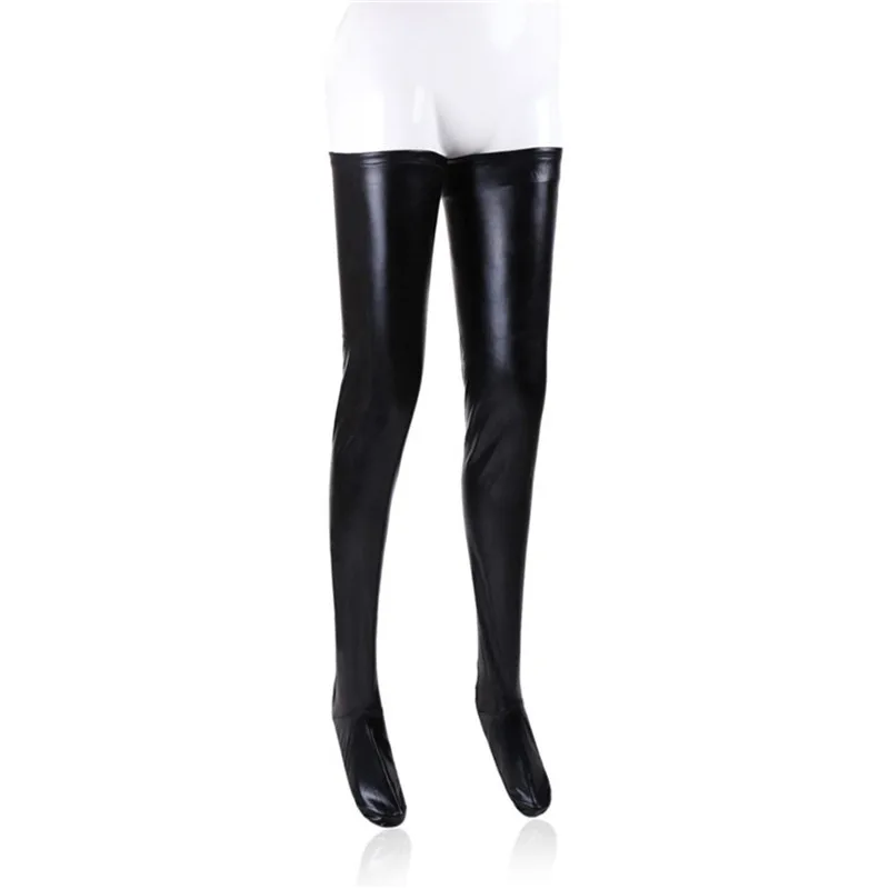 Medias de cuero negro de talla grande, S-2XL, banda de silicona, hasta la rodilla, lencería Sexy, ropa de látex para discoteca