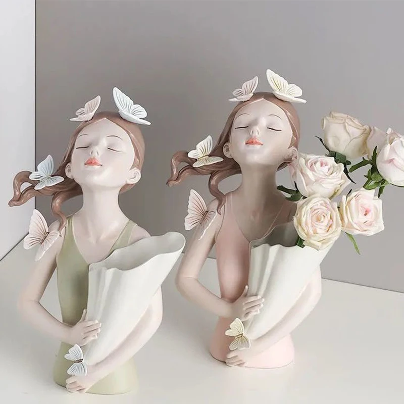 Homhi Butterfly Girl Statue Resin Vase Figurine Statue Nordic Sculpture Home Living Room Decoration Accessories Gift [HBJ-047]