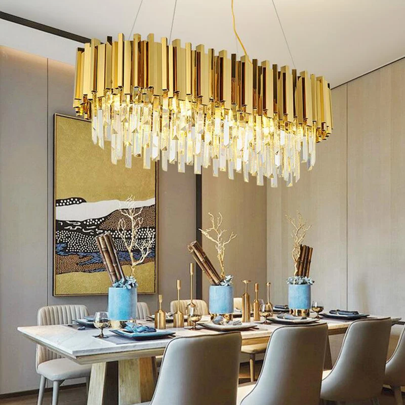 

Modern crystal lamp restaurant chandelier Nordic stainless steel rectangular chandelier living room villa bar crystal chandelier