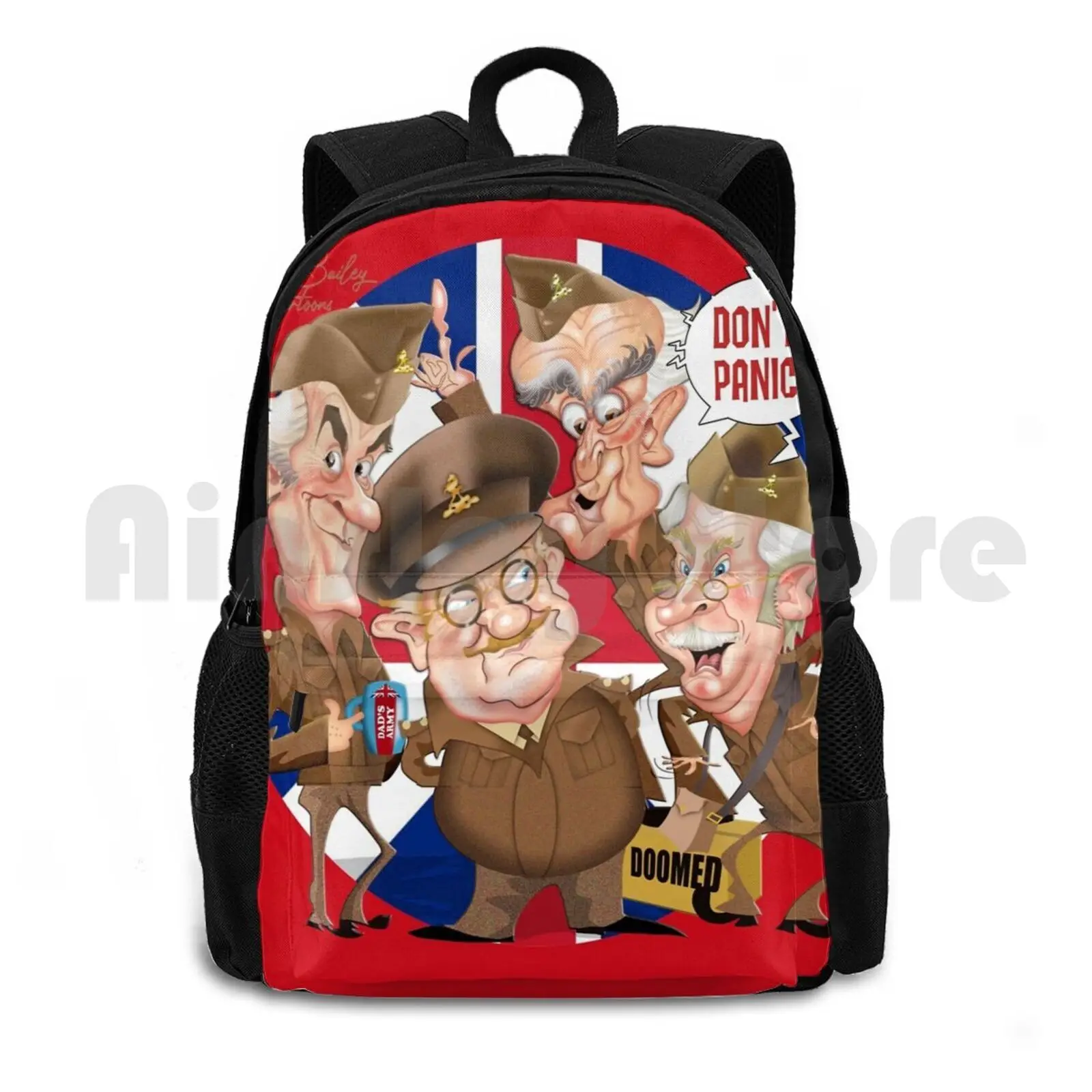 Dad's Army Cartoon Outdoor Hiking Backpack Waterproof Camping Travel Dads Army Nostalgia Uk Great Britain Sitcom Fun Artwork