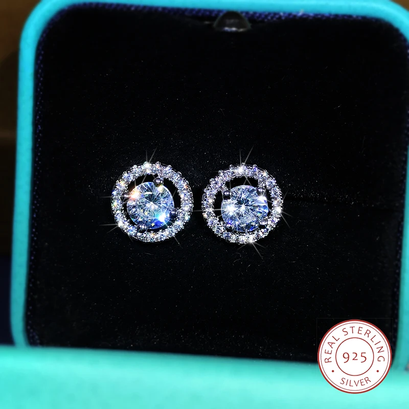 925 Sterling Silver wysokiej klasy biżuteria biała cyrkonia okrągłe kolczyki wykwintne wysadzane diamentami kryształowe kolczyki damskie Party