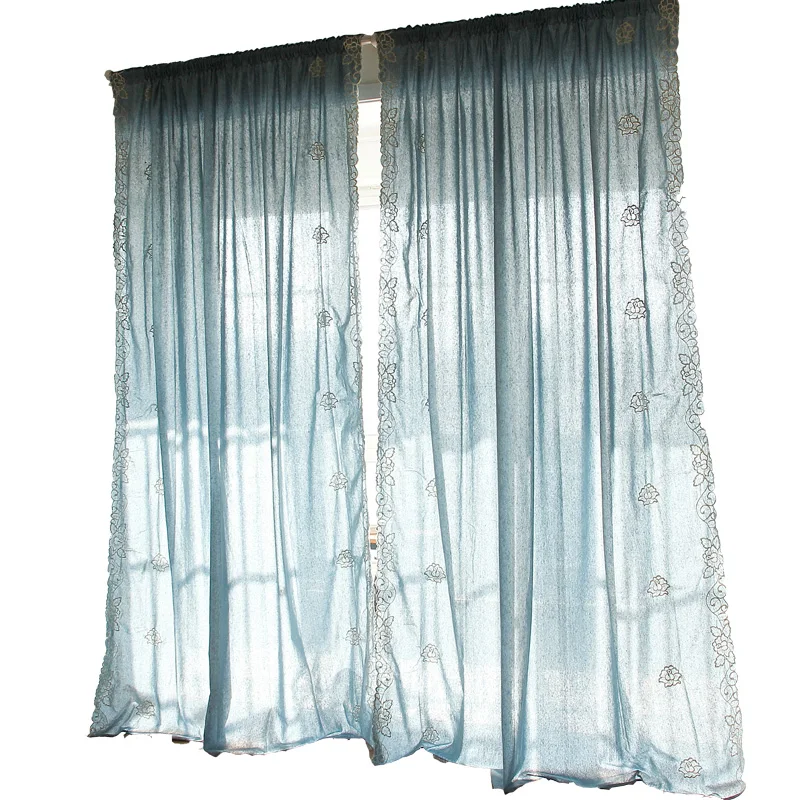 American Rural Cotton Linen Curtains, Embroidery Retro Blue Curtains, Lace Flower Cortina Hand Crochet Hollow Out Window Drapes