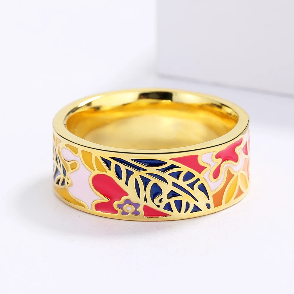 2021 High Quality Exquisite Handmade Blue Purple Epoxy Enamel 18k Gold Ring Ladies Birthday Party Jewelry Gift