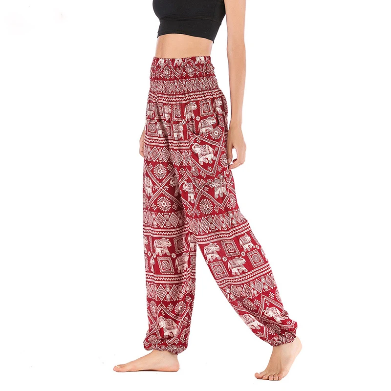 Pantalones bombachos con diseño de elefante rojo para mujer, pantalón informal, estilo Hippie, para entrenamiento, fiesta y playa, triangulación de