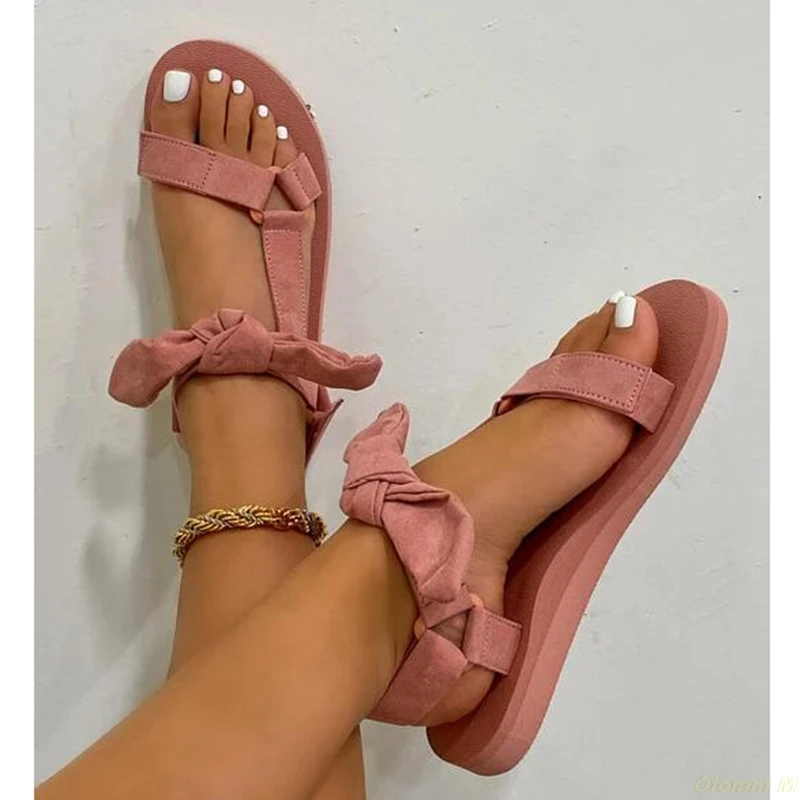 Đáng Yêu Nơ Giày Sandal Nữ 2021 Casual Giày Đi Biển Chống Trơn Trượt Dễ Thương Phối Móc Vòng Thoải Mái Du Lịch Bãi Giày Da Báo màu Trơn