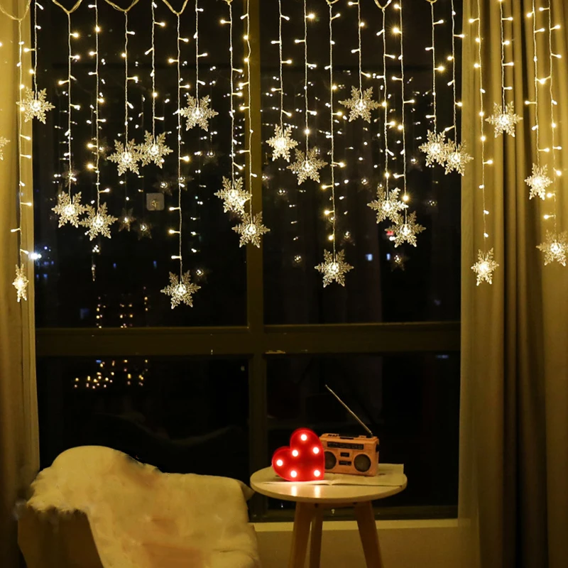 Waterproof Holiday Party Curtain Light Christmas Decoration Snowflakes Led String Lights 3.5m Flashing Lights Wave Fairy Light