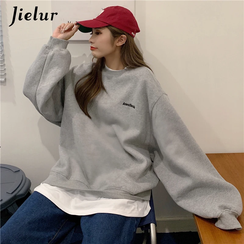 Jielur Orange Gray Sweatshirt Women M-XL Fake Two Piece M-XL Size Hoodie Female Loose Korean Fleece Streetwear Letter Embroidery