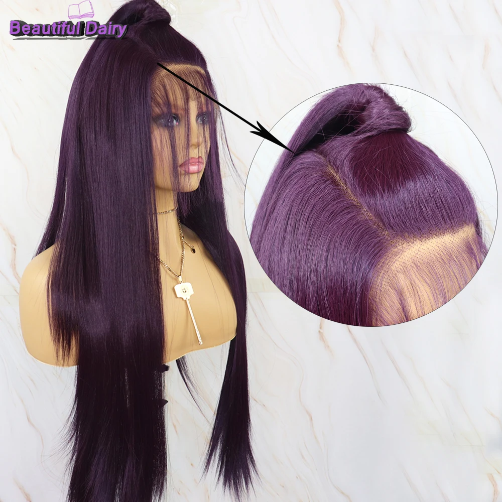 Wig Depan Renda Lurus Ungu Panjang 13X6 Buku Harian Indah untuk Wanita Wig Depan Renda Penuh Sintetis Wig Rambut Racing Wig Cosplay