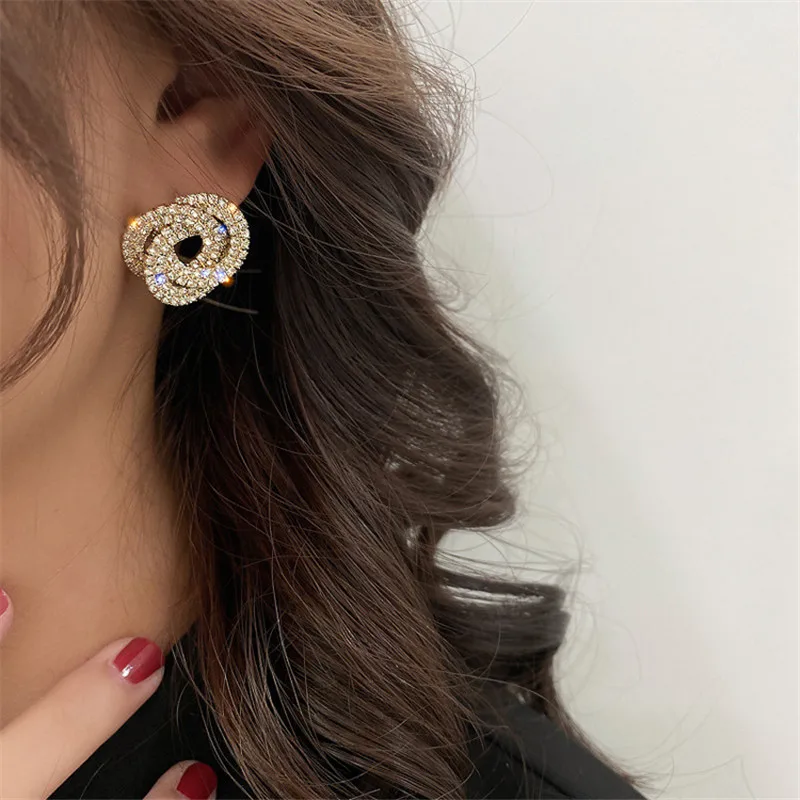 FYUAN Korean Style Small Circle Stud Earrings for Women Semicircle Rhinestones Earrings Weddings Party Jewelry