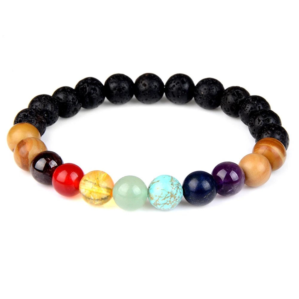 7 Chakra Natural Lava Stone Bracelet 8mm Handmade Elastic Rope Yoga Balance Bracelets For Men Women Jewelry