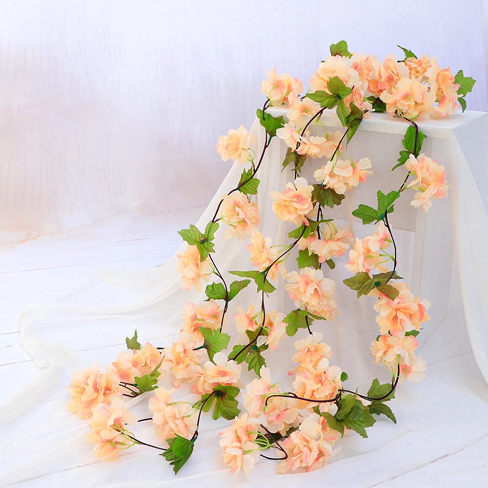 18 Heads Artificial Cherry Blossom Rose Vine Wall Hanging Flower Decoration Rattan Fake Plant Leaf Wreath Roman Home Decor