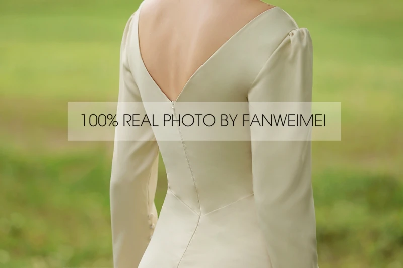 Vintage simple Long Sleeve  Silk Satin Wedding Dress Bride Dress BRIDAL gown FANWEIMEI#2025 REAL PHOTO FACTORY PRICE