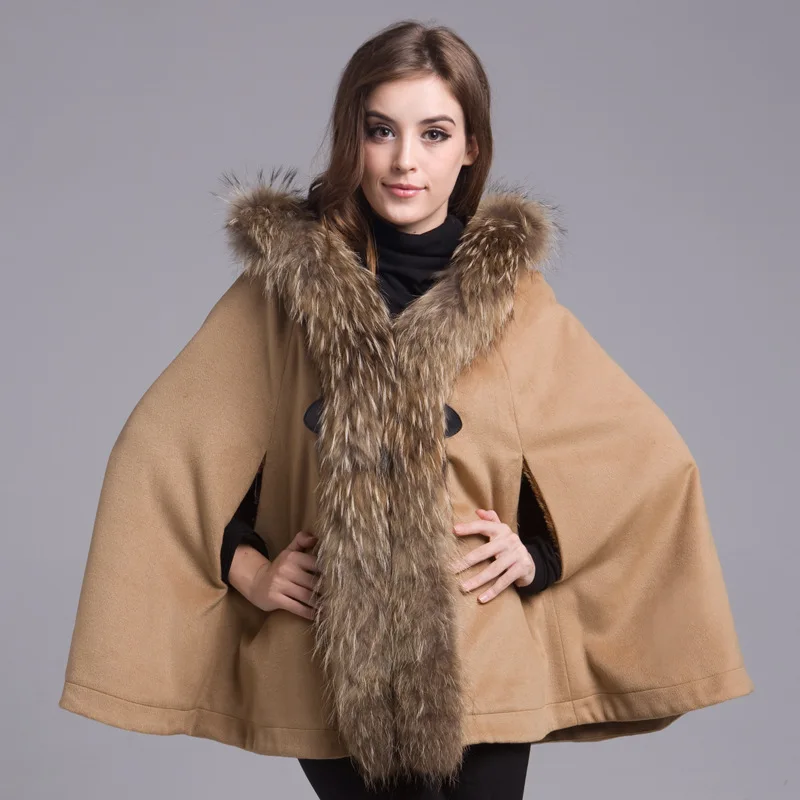 

Luxury Real Racoon Fur Collar Winter Warm Woolen Coat 2020 New Elegant Loose Cloak Hooded Long Jackets Female Overcoat Abrigos